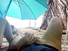 4K! MissCreamy Teacher Handjobs My Cock Under Public Beach Umbrella in Rain!