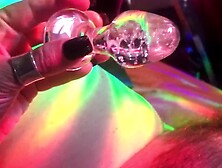 Older uses glass glow toy with rainbows on her meaty twat,  anal and oral