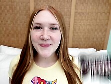 Redheaded teeny with freckles and red pubic hair swallows prick