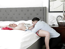 Curvy blonde MYLF Lolly Dames pleasures bearded dude in bed