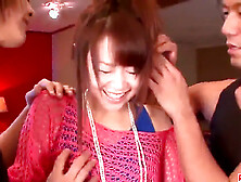 Maika,  the tiny Japanese teen,  gets a hardcore threesome with two guys & a hot creampie