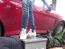 Very cruel full weight cock and ball crush in sneakers and socks