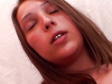 An amazing looking German brunette gets her pussy dildoed in POV