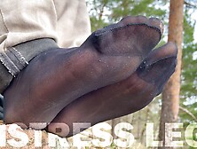 Jeans Feet Teasing At The Forest In Nylon Socks