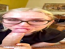 Nerdy blondie honey with yam-sized glasses is gargling jizz-shotgun and getting ravaged from the back