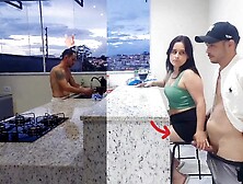 Fucking attractive ex-wife in the kitchen until she orgasm,  while the cuck washes the dishes