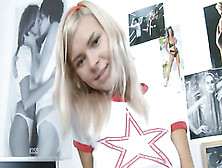 Gorgeous blondie in shoes teases pussy