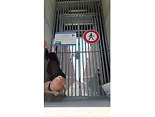 Giant WC brush flogging undressed booty