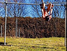 exposed pathetic white serf public outdoor in knob cage do fitness and swings at his homosexual balls,  CMNM