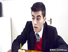 Long-legged teacher spreads stockinged legs to orgasm