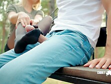 Pantyhose Footjob in the Public Park