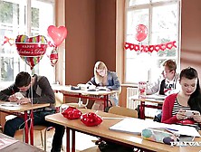 Valentines Day In High School.  Orgy Porn On The Desks In The Classroom