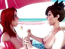 Anime Lesbians Sucking A Double-sided Dildo On The Beach