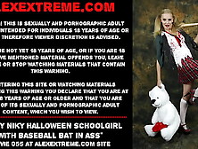 Nasty Niky Halloween schoolgirl with baseball bat in booty