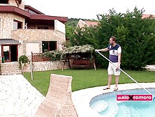 Cheerful Abbie Cat and Ian Scott at eye contact scene