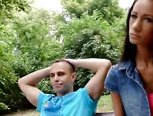 Slim brunette banged outdoors in front of her man