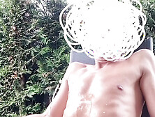 Pissing On Me Outside In The Garden Ends In 2 Cumshots.  The Neighbor's Wife Watches Me Do It