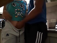 Slutty amateur gal is about to get drilled in the kitchen,  in front of a hidden camera