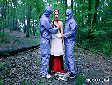 Energized redhead suited with a pair of big dicks in restless role play kinks