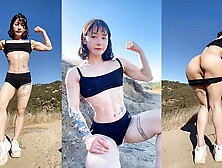 Thin fine and fit Chinese chick on a hike in nature flexes her muscles and flashes her melons and snatch