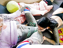 POV Threesome Hot Gothic Girls with Glasses Anal,  ATM,  Facial