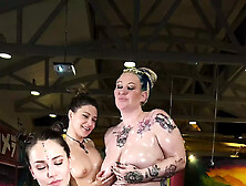 Lesbian Oil Foursome On Public Warehouse