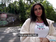 Public Agent - Charming British Brunette Hair Teen Sucks and Bangs large dick outside after almost getting run over by a runaway