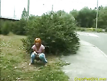 Red Head Lady Taking A Pee Outdoors