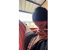 Slutty Colombian hotty takes out her boyfriend's dick on the street and sucks it