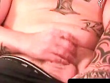 Bald stud with nipple rings tugs on his thick hard dick