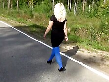 Flashing on the street in blue pantyhose