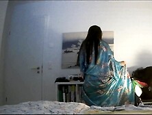 Oriental Ex-Wife doing Fine Striptease Danse in Blue Kimono and Oral Sex Hand-Job