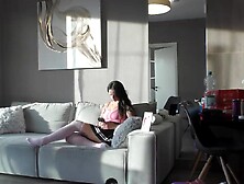 Super hawt and hawt taut twat brunette hair cheerleader in a mini petticoat teases a large ramrod chap with a tugjob