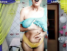 Glad Lukerya,  as ordinary,  is engaged in erotic cleaning in a transparent mesh on large hanging melons in yellow pants