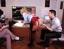 Blonde office slut Rachel Ramsey gets fucked by 2 horny dudes