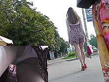 Long-legged girls gets upskirted (fake) on the bus stop
