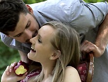 Blonde does a blow job in the park with her sexy lips