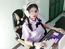Asian school slut is caught and nailed in front of the computer by her senior,  screaming loudly in the house (clear Oriental aud