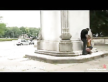 Bound redhead gives blowjob in Berlin at daylight