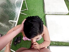 Curvy teen whore is unfaithful to her boyfriend with a stranger with a large knob in the courtyard of a resort.