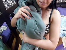 Milfycalla gets covered in jizz on her shiny red puffy jacket