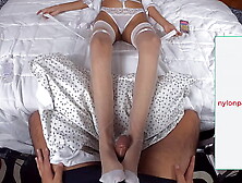 Adriana Lima white stockings footjob and facial on nylon feet soles - sweet booty g string thong