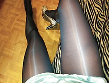 Shiny Pantyhose And Golden Glitter High Heels