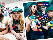 Girl Scout Cuties Get Caught And Punished By Security Officer For Scamming Costumers