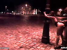 Bound babe poked at night outdoors