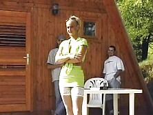 German slut with blonde hair pleasing a dude with sexy pantyhose and shaved pussy