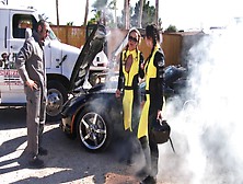 Dillion Harper & Karlee Grey pay the tow guy with a outdoors 3some sex