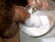 A Muscular Guy With A Hairy Dick Masturbates In A Robe And Then Squirts A Lot Of Cum Into The Food