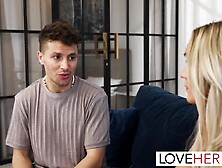 Nina lets her roommate disrobe off her clothing to naked her round titties in advance of that babe lays back and groans as this