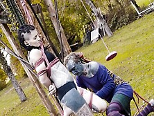 Outdoor Bondage Shibari Suspension - Tattoo Skinny Girl In Ropes On A Tree